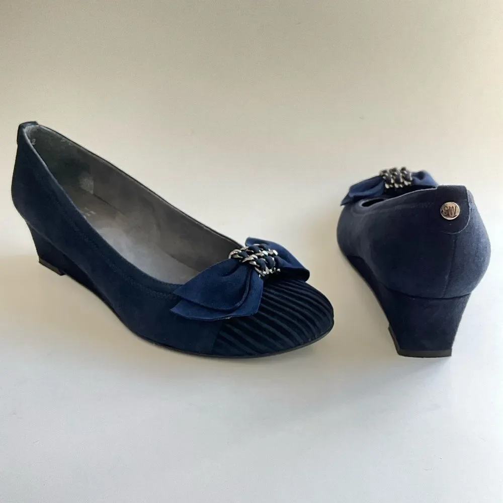 Stuart Weitzman Suede Wedge Bow Front Shoes Blue 7